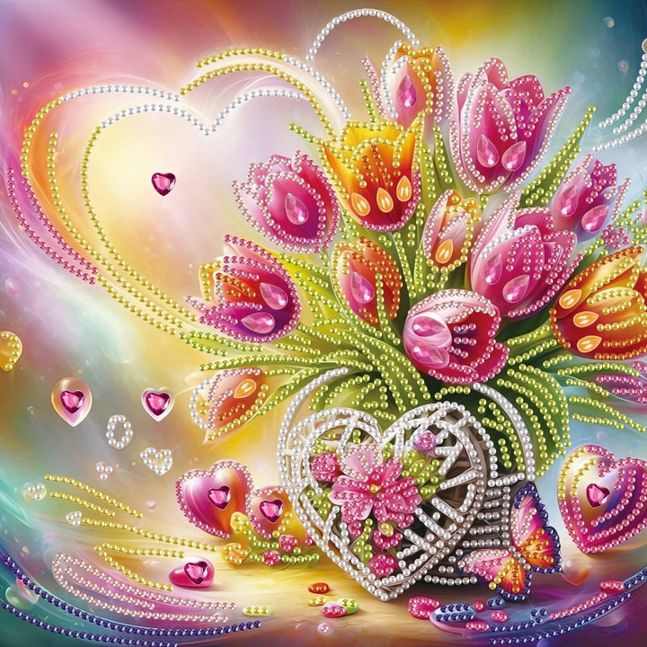 Set de broderie cu diamante, model lalele, 30x30cm, include aplicator si instructiuni