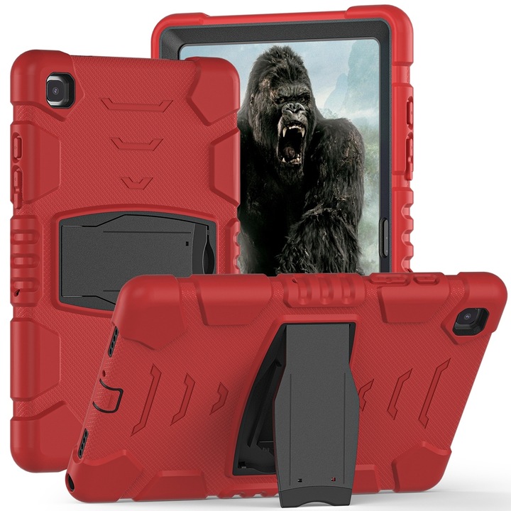 Husa tableta compatibila cu Samsung Galaxy Tab A7 T500, protectie strat triplu ecran + PC + silicon, cu suport, rosu si negru