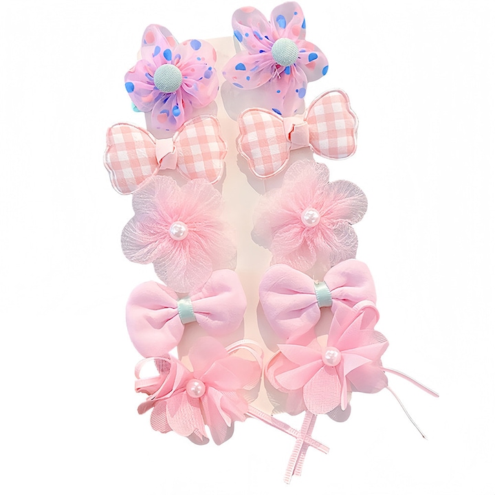 Комплект от 10 аксесоара за коса за момичета, Детски фиби за коса, Момичета, Цветя и панделки, Текстил/Метал, 3.5 см, Розов