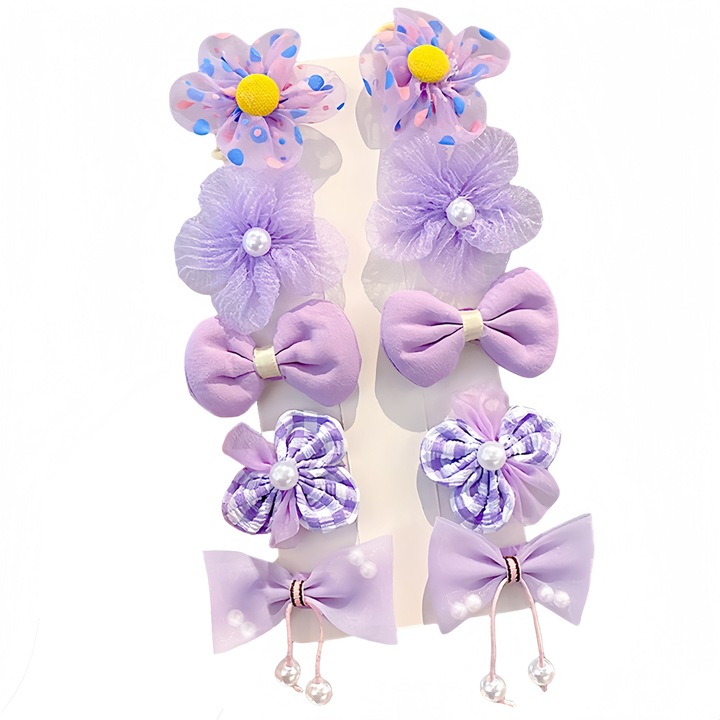 Комплект от 10 фиби за коса за момичета, Момичета, Цветя и панделки, Текстил/Метал, 3.5 см, ​​лилави