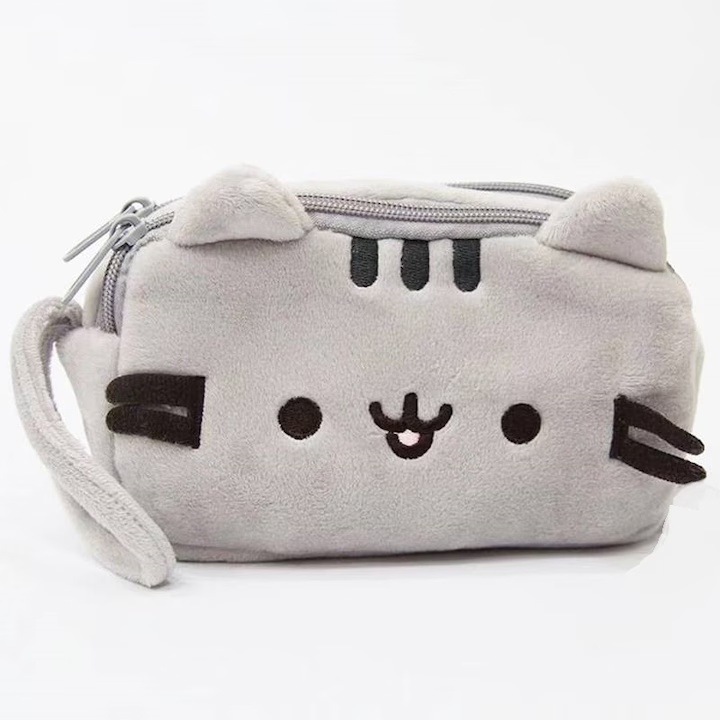 Dupla Iskolai Tolltartó, AjieQaQ, Pusheen, a macska, 2 Cipzáras Rekesz, Plusz Prémium Anyag, Világosszürke, Nagy Méret