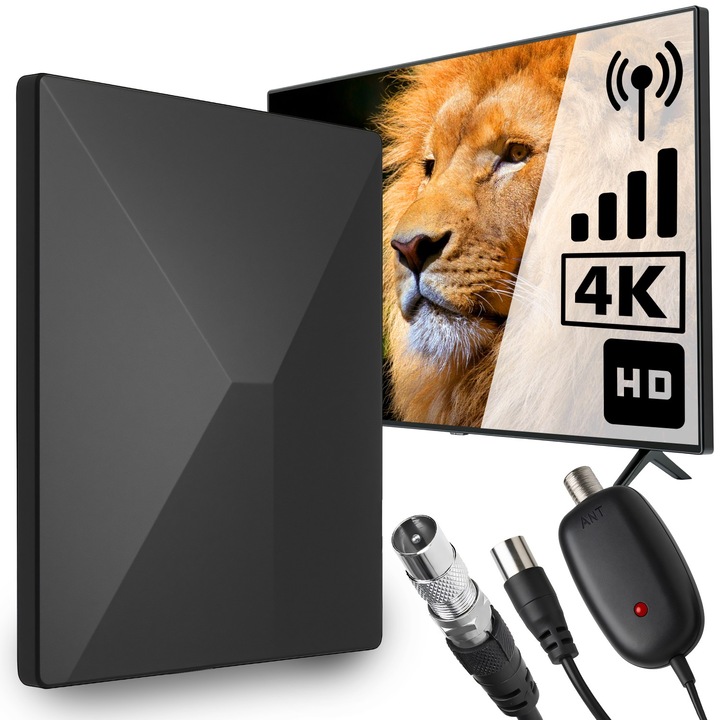 Antena TV Digitala Retoo TechPro, 4K HD, Antena Exterior, Amplificator de Semnal TV, Fara Abonament, Conexiune Usoara, Lungime Cablu 5m, UHV/VHV/FM, pentru Utilizare in Interior si Exterior