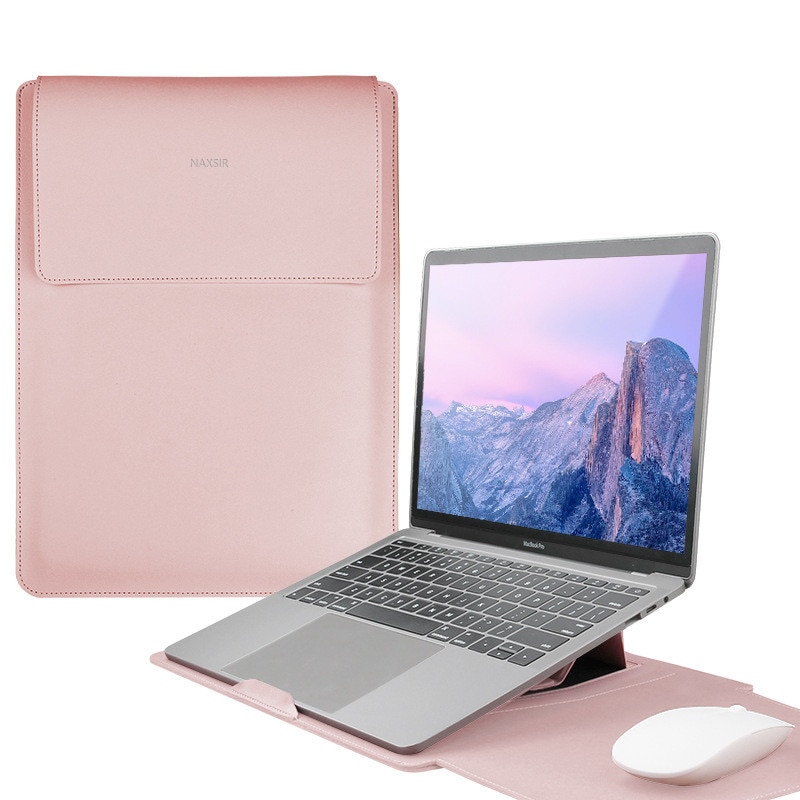 3 in 1 Husa laptop cu foldable stand, NAXSIR, Impermeabil si rezistent la zgarieturi, Velcro, Portabil, Piele PU, 15 inch/16 inch, 28 x 38 cm, Roz