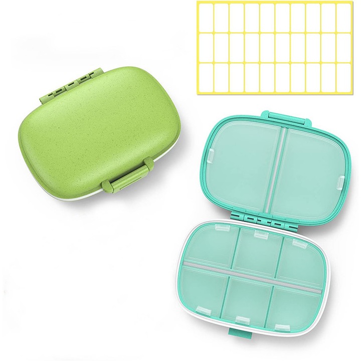 Set 2 organizator medicamente, cu etichete, 8 compartimente, fara BPA, rezistent la umiditate, portabil, 11 x 8 x 3 cm, KINGTRONG®