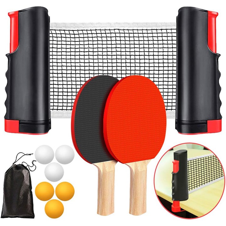 Set de Ping Pong cu 2 Palete Tenis de Masa, Rqiurpn, cu plasa retractabila, 2 palete, 6 mingi, geanta transport, multicolor