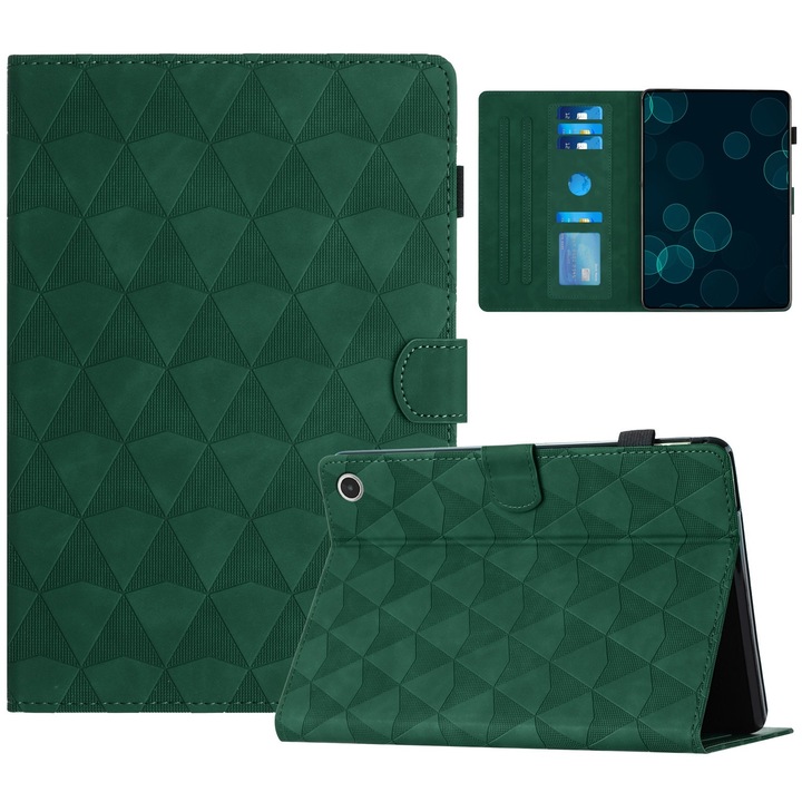 Husa tableta pentru Amazon Kindle HD10 2021, textura diamantata gravata in piele, smart case cu suport (verde)