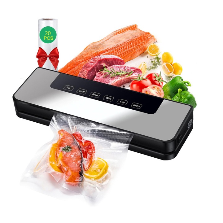 Aparat de vidat cu clema, Rqiurpn, 120W, portabil, pentru alimente solide, cu 20 pungi