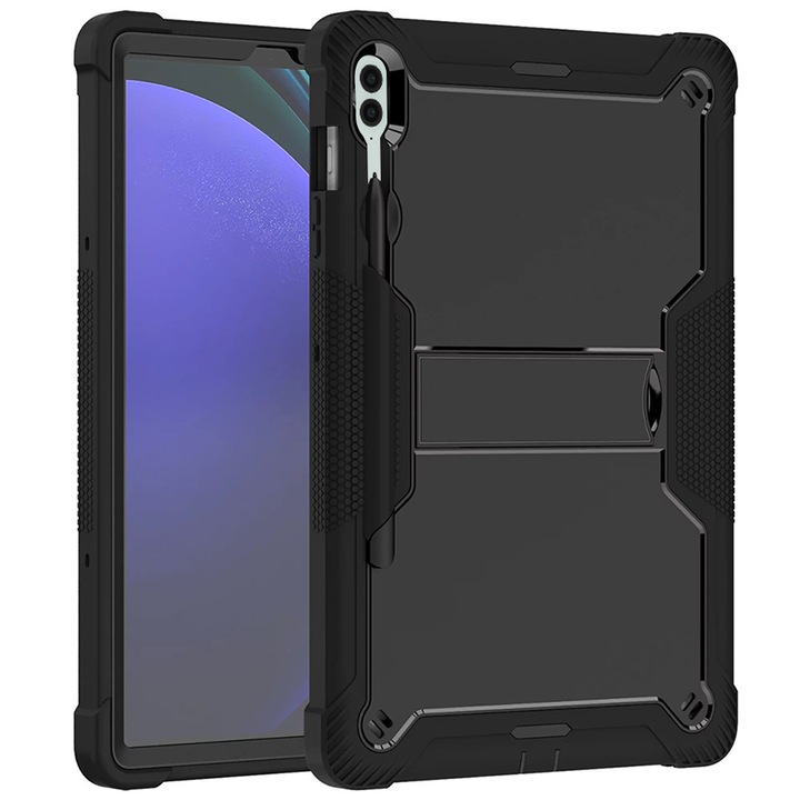 Защитен калъф, съвместим с Samsung Galaxy Tab S9 Plus/Tab S10 Plus/Tab S9 FE Plus, Rugged TabShell, включено защитно фолио, TPU, подсилени ръбове, със стойка, черен