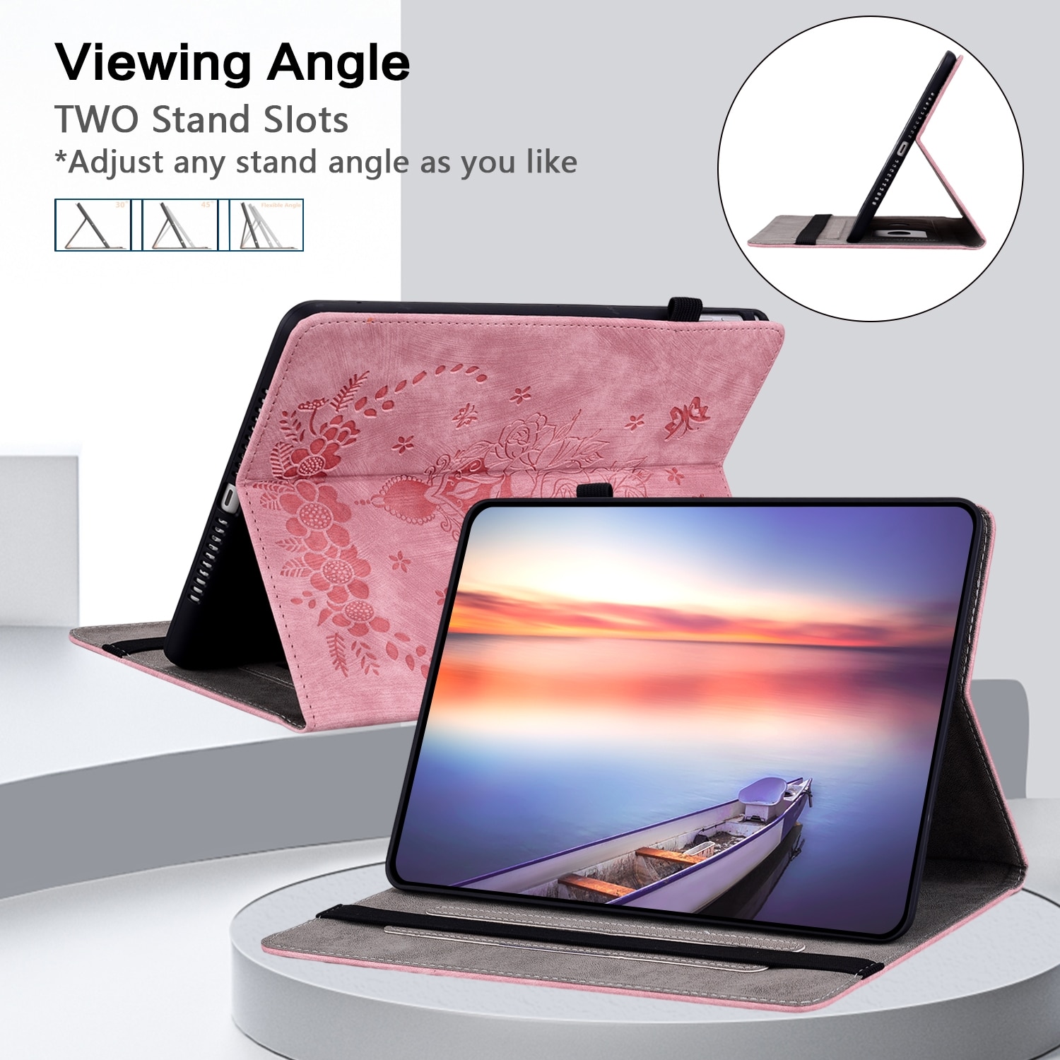 Husa tableta pentru Amazon Kindle Paperwhite 5 2024, piele embosata cu fluturi, tip carte cu suport, inchidere magnetica, roz