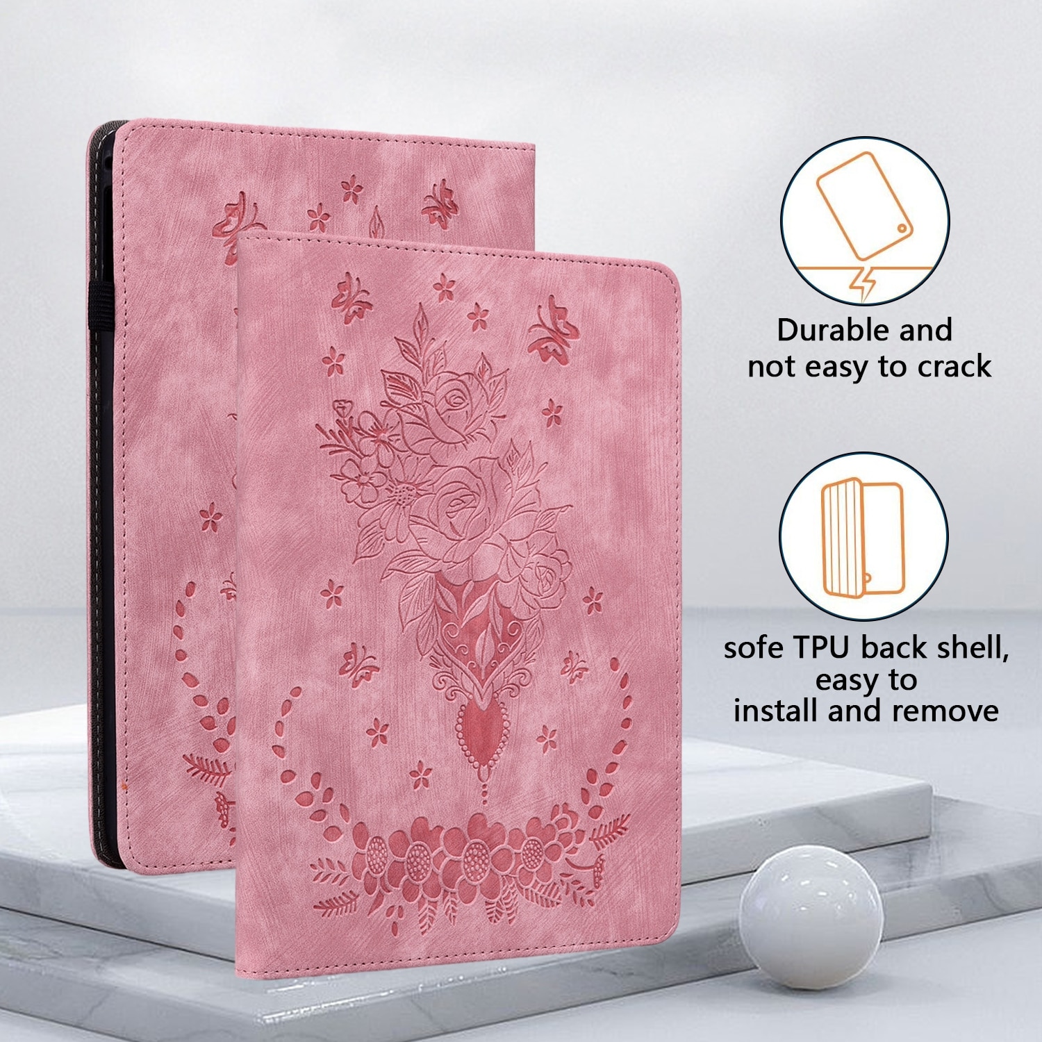 Husa tableta pentru Amazon Kindle Paperwhite 5 2024, piele embosata cu fluturi, tip carte cu suport, inchidere magnetica, roz