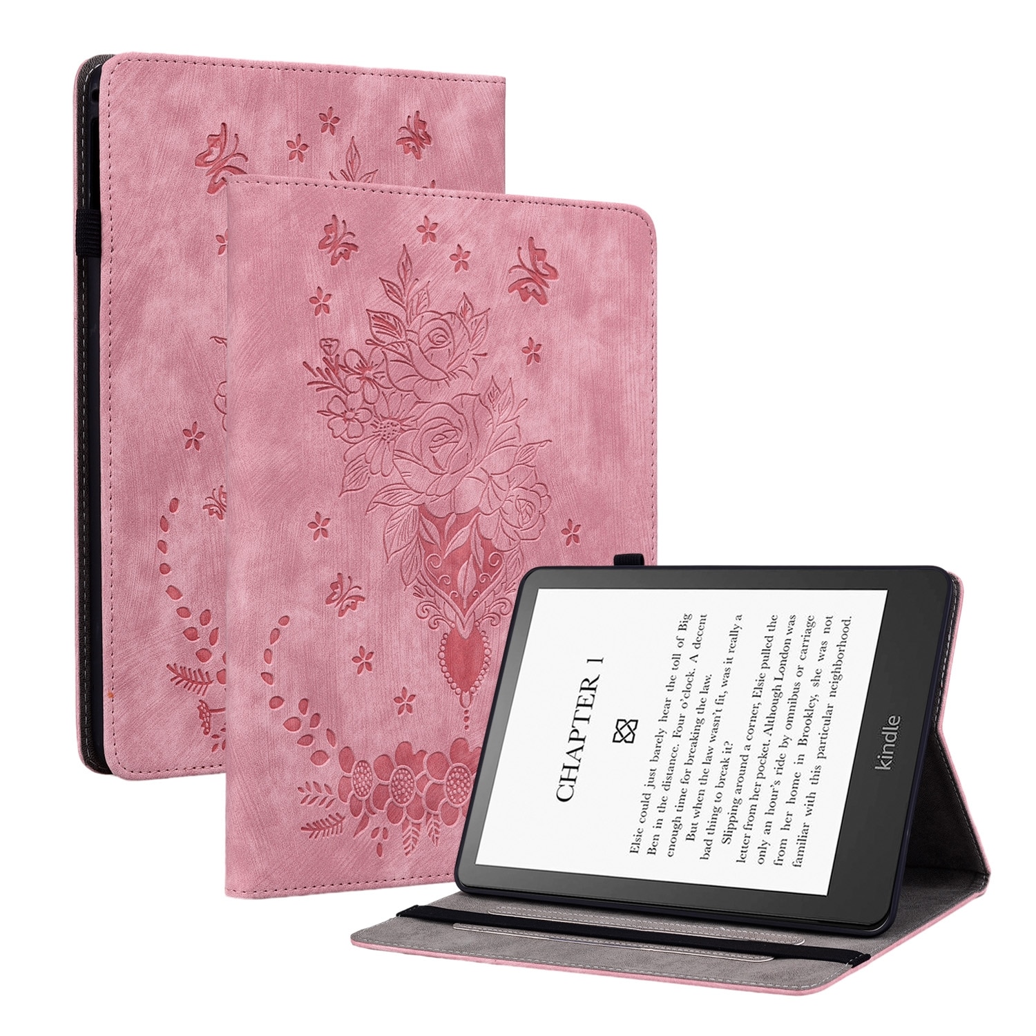 Husa tableta pentru Amazon Kindle Paperwhite 5 2024, piele embosata cu fluturi, tip carte cu suport, inchidere magnetica, roz