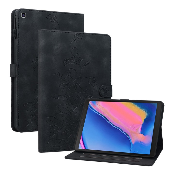 Husa tableta compatibila cu Samsung Galaxy Tab A8, piele gravata cu crini, inchidere magnetica, neagra