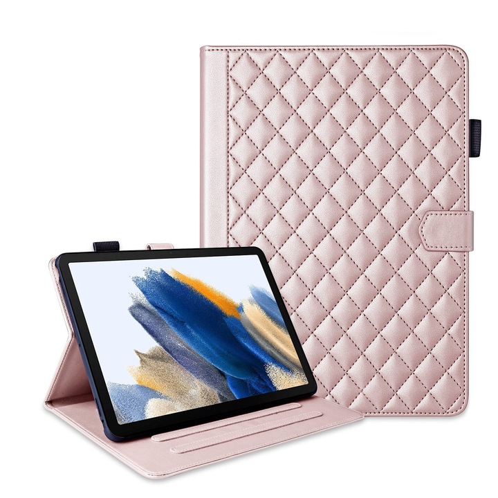 Husa tableta compatibila cu Samsung Galaxy Tab A8 10.5, piele cu model de romb, smart, roz aurie