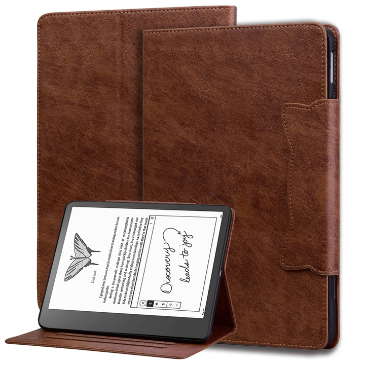 Husa tableta pentru Amazon Kindle Scribe 10.2 inch 2022, piele cu catarama, capac tip carte, culoare maro