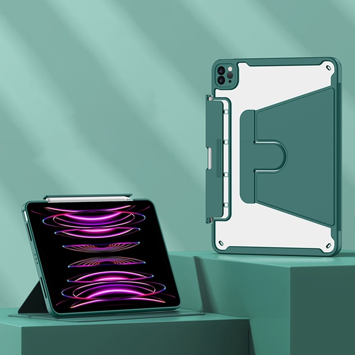 iPad Air 11 és iPad Pro 11 készülékekkel kompatibilis tablet tok, forgatható, bőr, sötétzöld