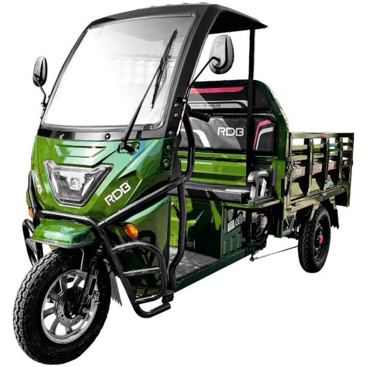 Tricicleta electrica RDB XM-KLASS, semicabina, fara permis, 1500W, 25 km/h, 72V45Ah, autonomie 70 km, bena rabatabila, culoare verde