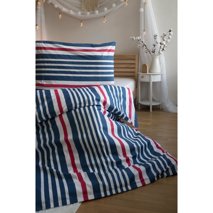 Lenjerie de pat Jerry Fabrics, 140x200 cm, bumbac, rosu si albastru, cu fata de perna 70x90 cm, set complet