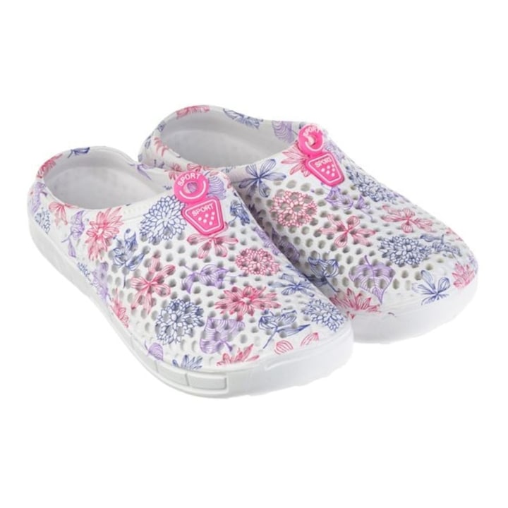 Papuci tip sabot, pentru femei, perforati, albi cu model floral roz/mov, Alb, 38