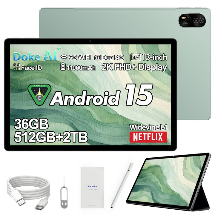 Tableta Blackview MEGA 8, 13"FHD+Ecran,90Hz, Ai Android 15, 36GB+512GB(TF 2TB), 5G, Octa-Core, 11000mAh, 50+13MP, Face ID/BT 5.0/GPS，Verde