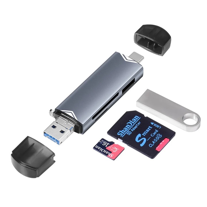 6 az 1-ben multifunkciós USB kártyaolvasó – TF/SD memóriakártya-olvasó adapter, pendrive, Type-C/Micro USB-vel kompatibilis – telefonkiegészítő