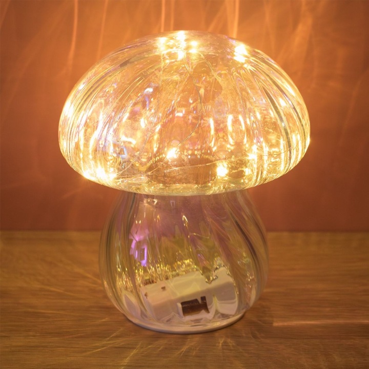 Lampa De Masa LED Forma Ciuperca Sticla Transparenta Irizata Cu Buton Ø14x16cm