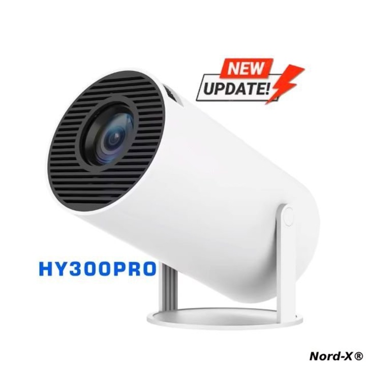 Кинопроектор Nord-X® HY300 Pro, интелигентен, домашен, 4K, WiFi 5G, BT 5.0, Android, 130" екран, корекция на трапецовидно изкривяване, бял, съвместим с телефон, компютър, лаптоп, PS5, Xbox, Stick