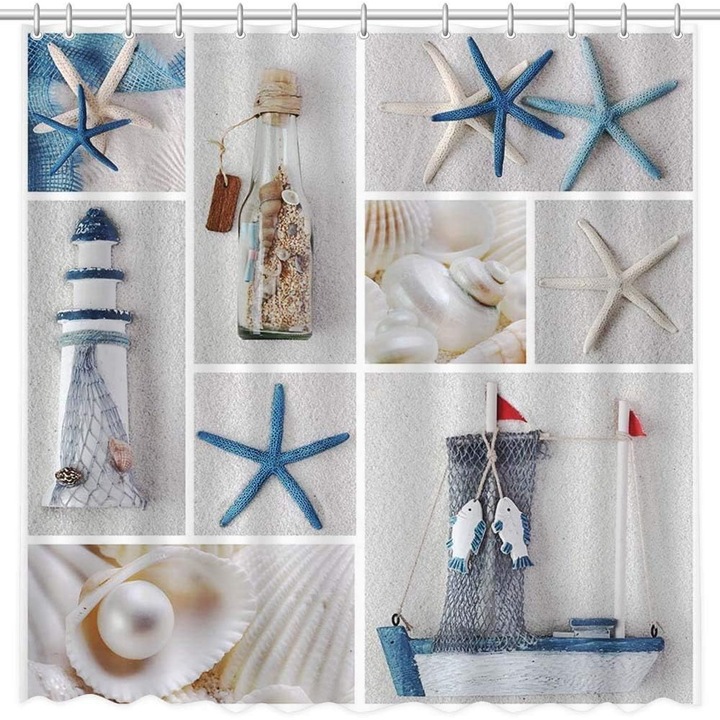 Perdea de dus, MEHOFOND, 183x183 cm, poliester, impermeabila, rezistenta la sifonare, design marin si 12 carlige pentru baie