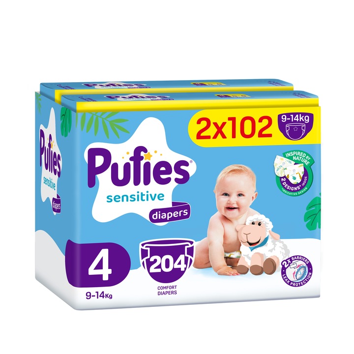 Scutece Pufies Sensitive, marimea 4, 204 bucati, 9-14 kg, Mega Pack*2