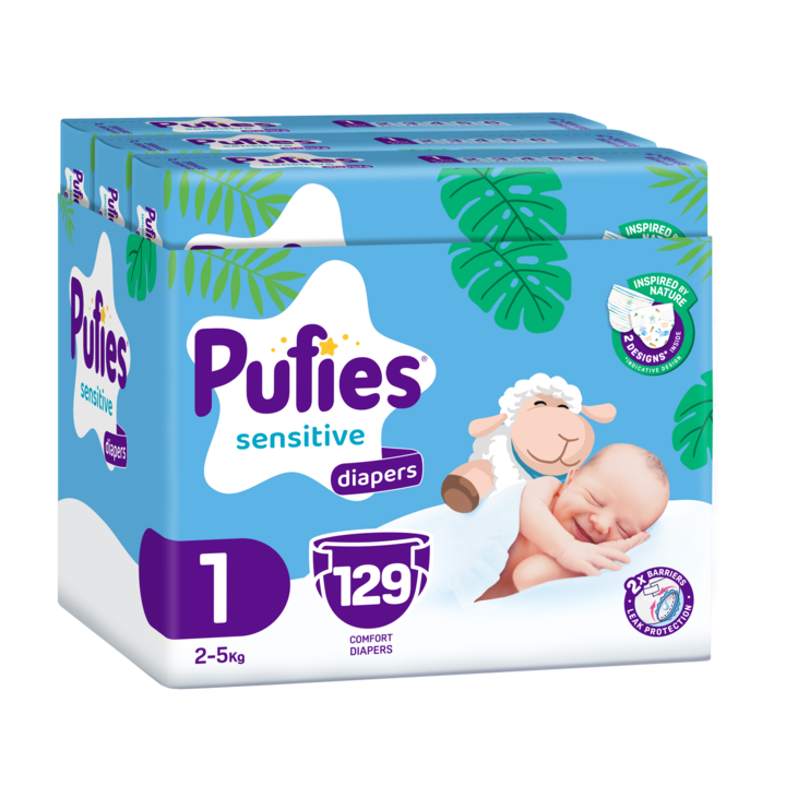 Scutece Pufies Sensitive, marimea 1 Newborn, 129 bucati, 2-5 kg, pachet multiplu