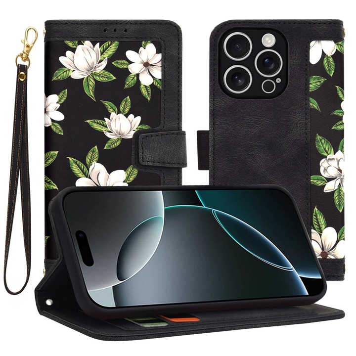 Husa Tip Carte pentru iPhone 16 Pro, FlipCraft, Stef's Cat, Negru