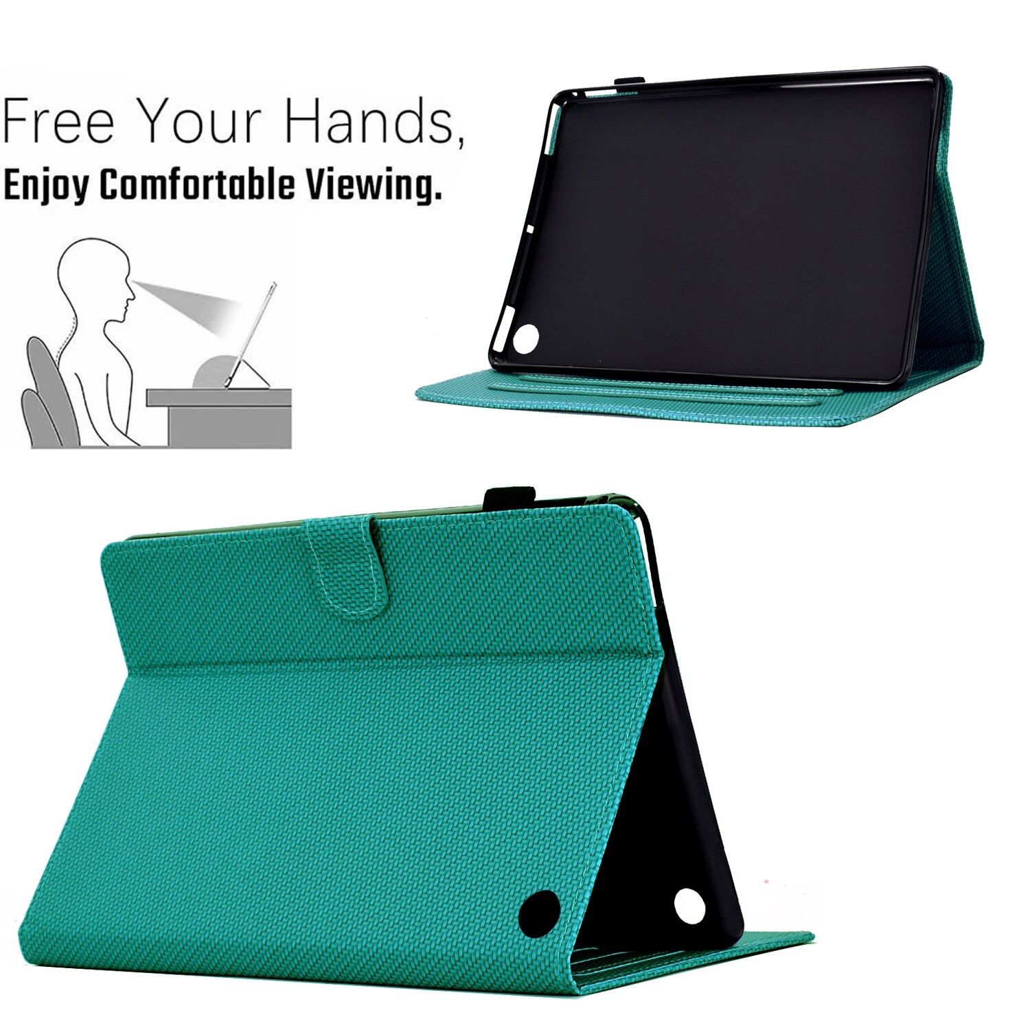 Husa tableta pentru Amazon Kindle Fire 7 2022, textura fibra, piele inteligenta, verde lacustru