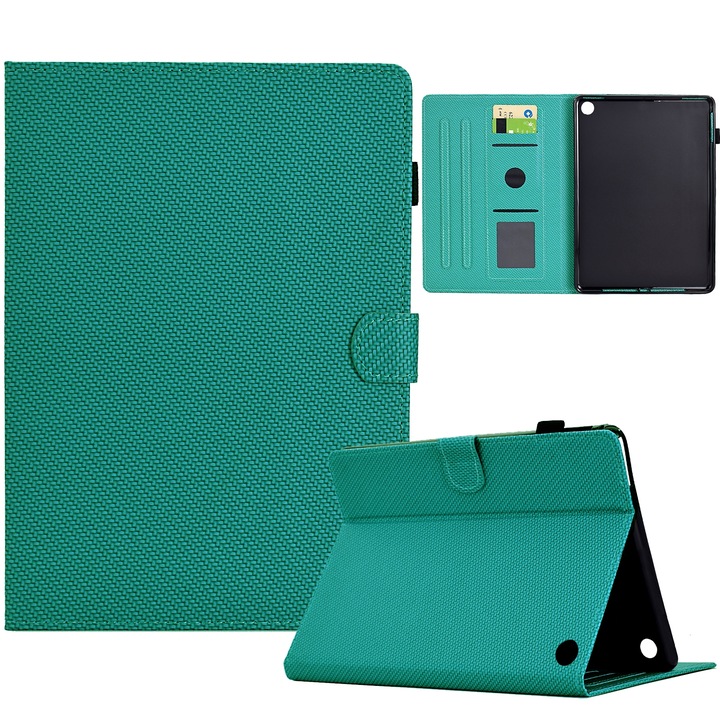 Husa tableta pentru Amazon Kindle Fire 7 2022, textura fibra, piele inteligenta, verde lacustru