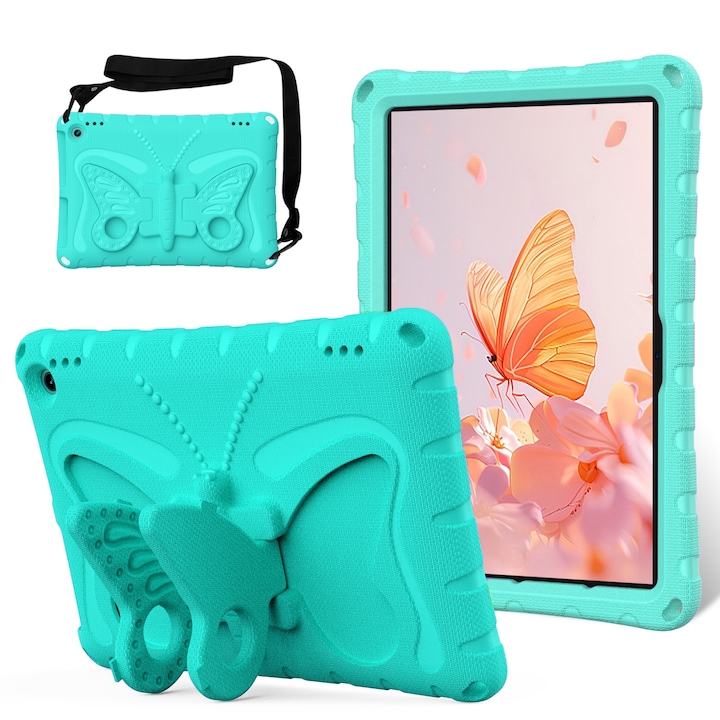 Husa tableta pentru Amazon Kindle Fire HD10 2021/2023, material EVA, design cu fluturi si suport, rezistent la socuri, culoare menta