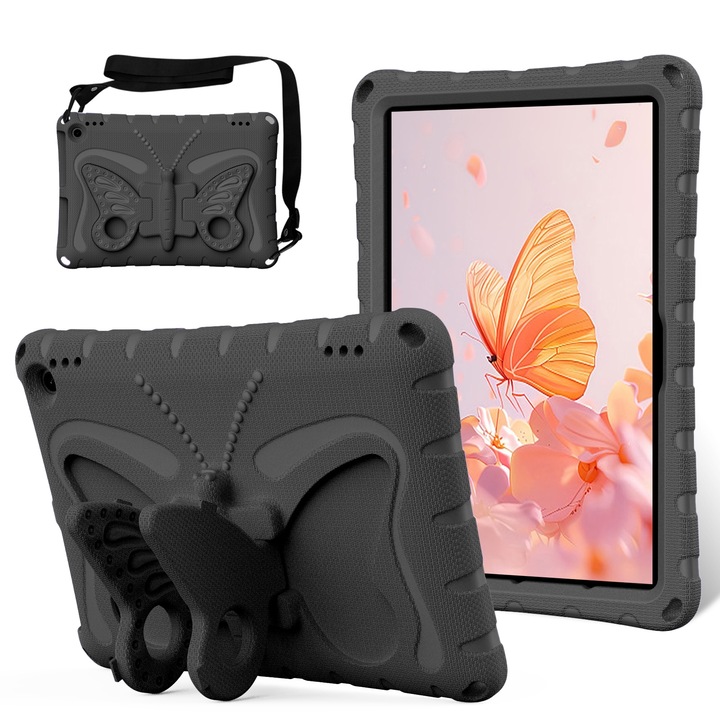 Husa tableta pentru Amazon Kindle Fire HD10 2021/2023, material EVA antishoc cu suport fluture, culoare negru