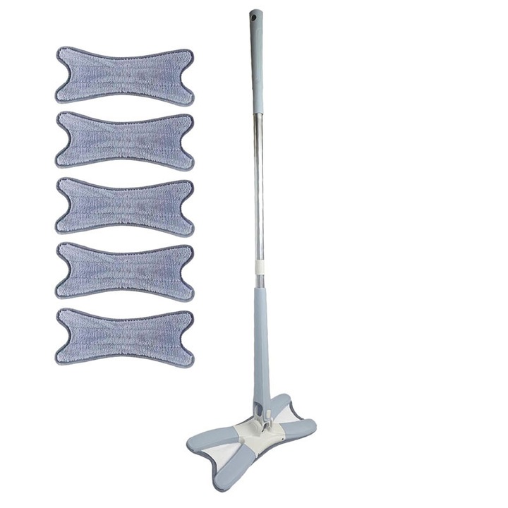 Set mop multifunctional cu 5 lavete, NEXTLY, pentru suprafete uscate si umede, cap rotativ 360° si pliabil 180°, laveta din microfibra lavabila si detasabila, maner 110cm, albastru deschis