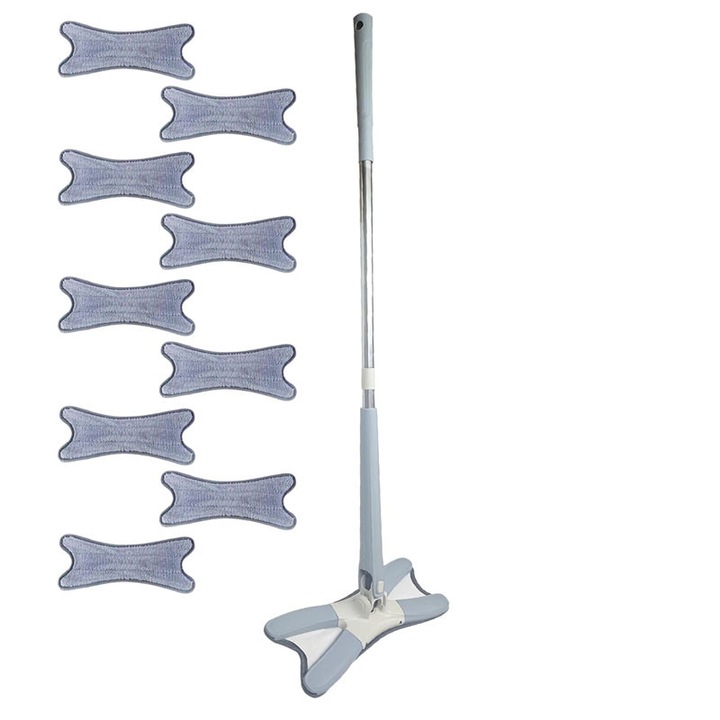 Set mop multifunctional cu 9 lavete, NEXTLY, pentru suprafete uscate si umede, cap rotativ 360° si pliabil 180°, laveta din microfibra lavabila si detasabila, maner 110cm, albastru deschis