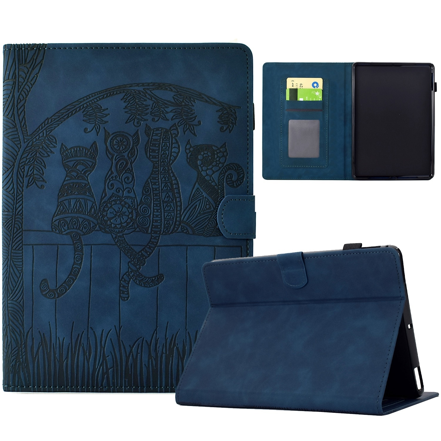 Husa tableta pentru Amazon Kindle Paperwhite 12th Gen 2024, piele gravata cu motive de pisici, tip carte inteligenta, inchidere magnetica, albastru inchis