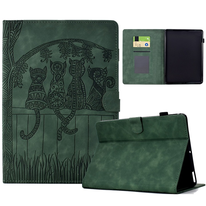 Husa tableta pentru Amazon Kindle Paperwhite 4 / 3 / 2 / 1, piele gravata cu pisici, tip carte cu inchidere inteligenta, verde