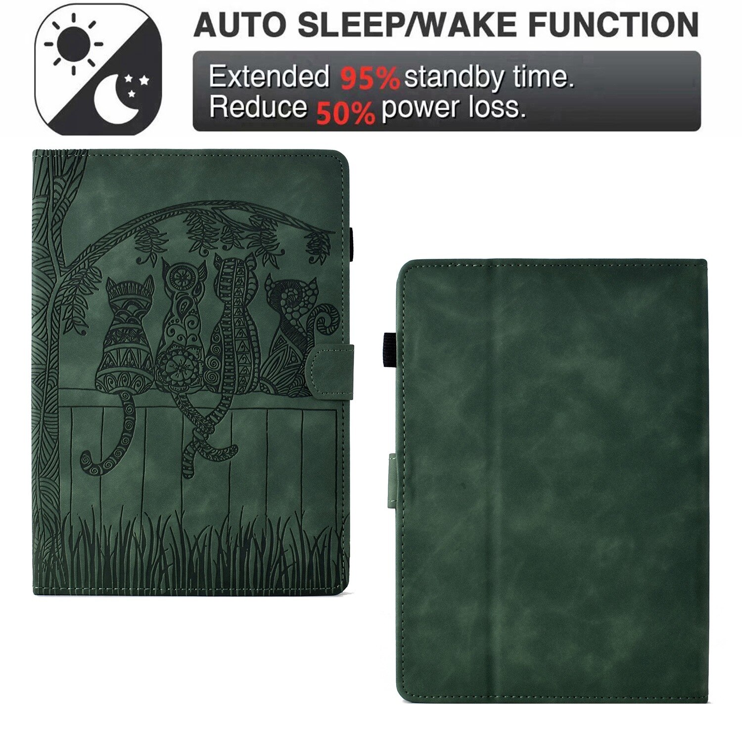 Husa tableta pentru Amazon Kindle Paperwhite 4 / 3 / 2 / 1, piele gravata cu pisici, tip carte cu inchidere inteligenta, verde