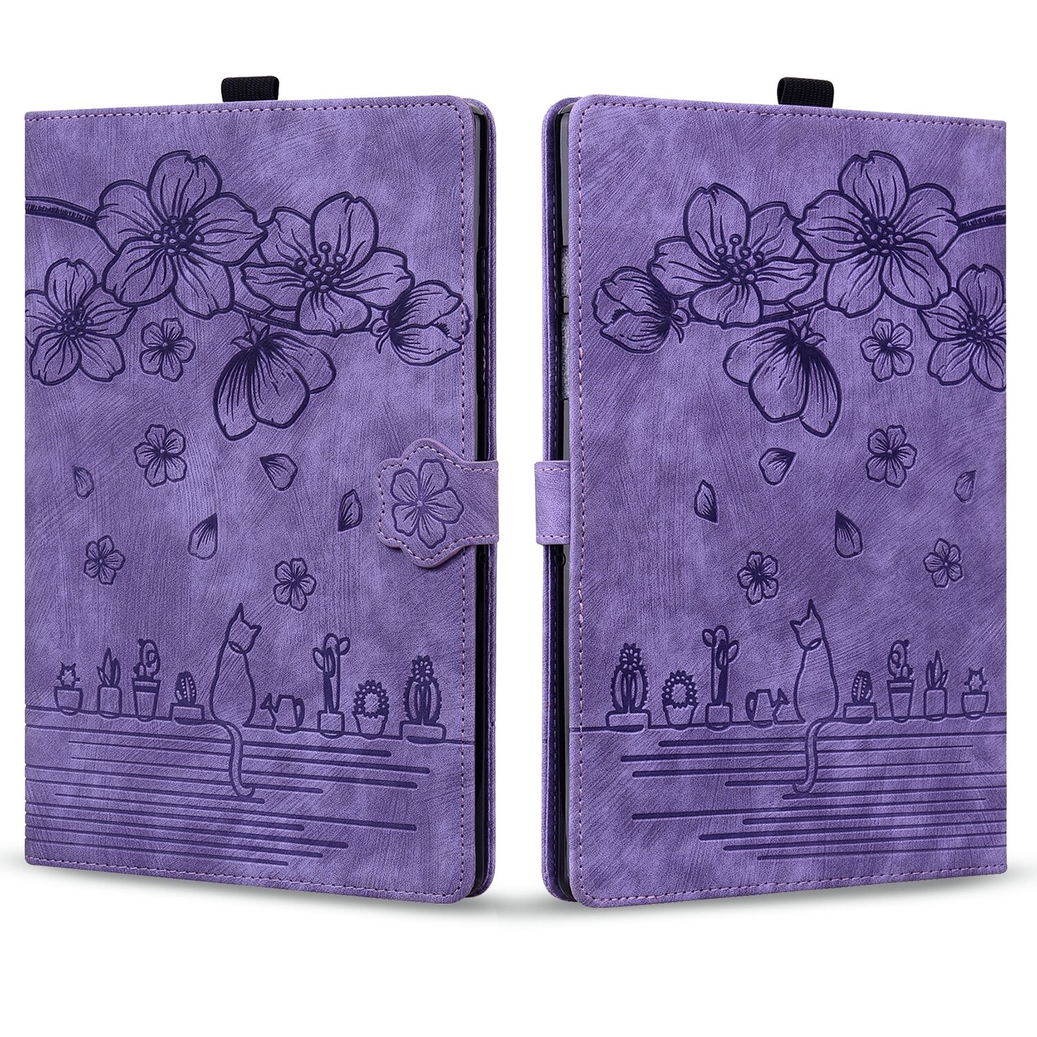 Husa tableta pentru Amazon Kindle Paperwhite 12th 2024, piele embosata cu design de pisica Sakura, culoare mov