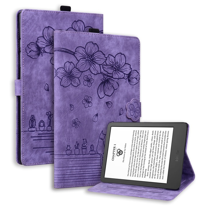 Husa tableta pentru Amazon Kindle Paperwhite 12th 2024, piele embosata cu design de pisica Sakura, culoare mov