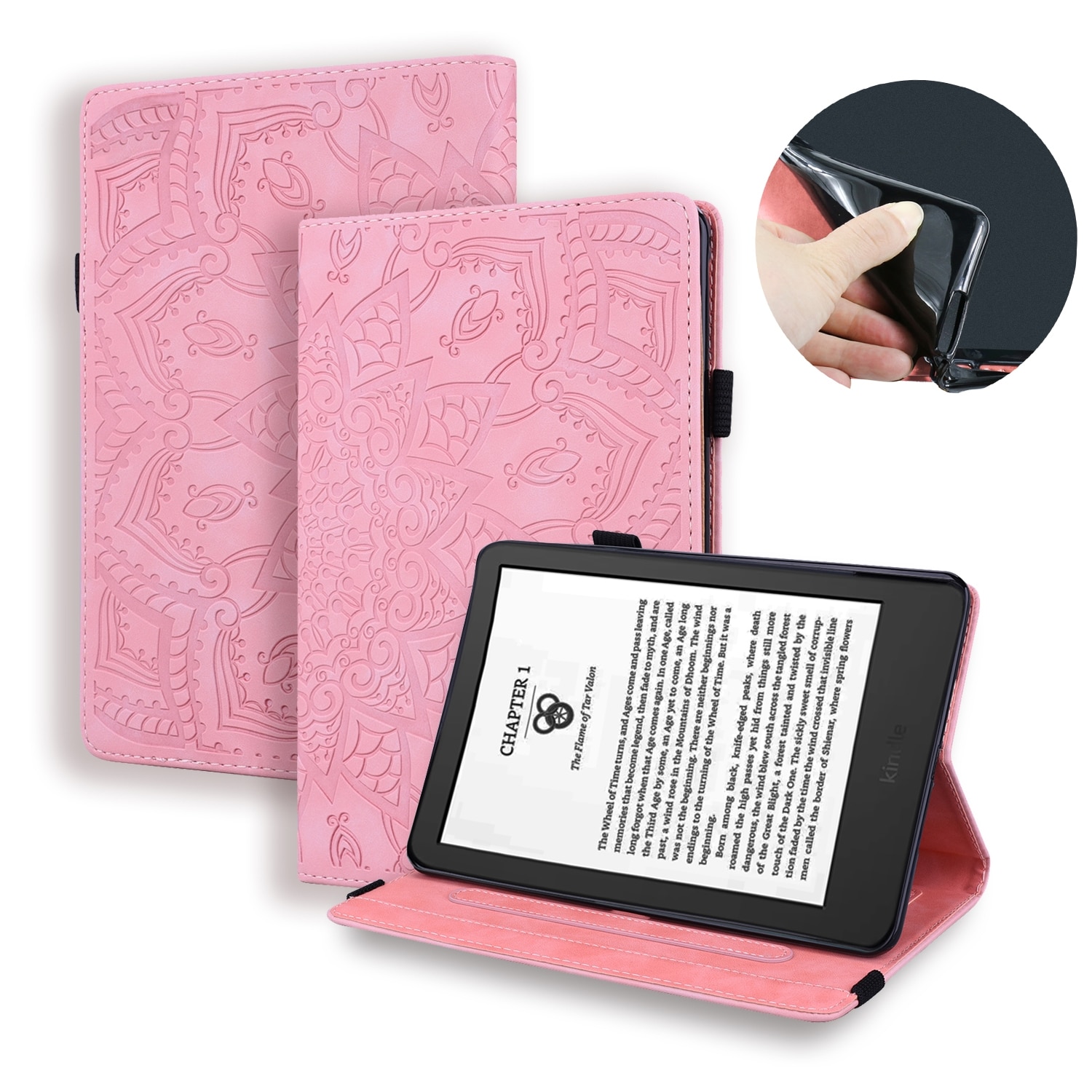 Husa tableta pentru Amazon Kindle Paperwhite 12th 2024, piele texturata de vitel, tip carte cu inchidere magnetica, roz
