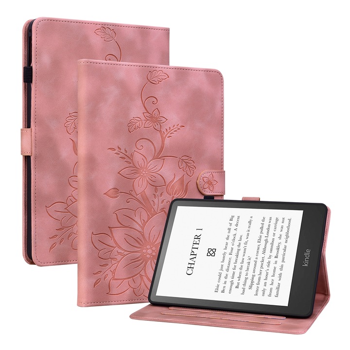 Husa tableta pentru Amazon Kindle Paperwhite 12th Gen 2024, piele embosata cu model floral, tip carte cu functie inteligenta, roz