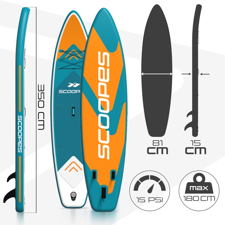 Комплект падълборд, Velo 350, универсален тип, 2 в 1 възможност за навигация във вертикално или седнало положение, седалка за каяк, водоустойчива и устойчива на повреди, 350 x 81 x 15 см, многоцветен