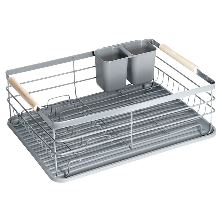 Edényszárító rács, Vilde, 42,5x32x14,5 cm, rozsdamentes acélból, kivehető csepegtető tálca, fa fogantyúk, könnyen tisztítható, szürke