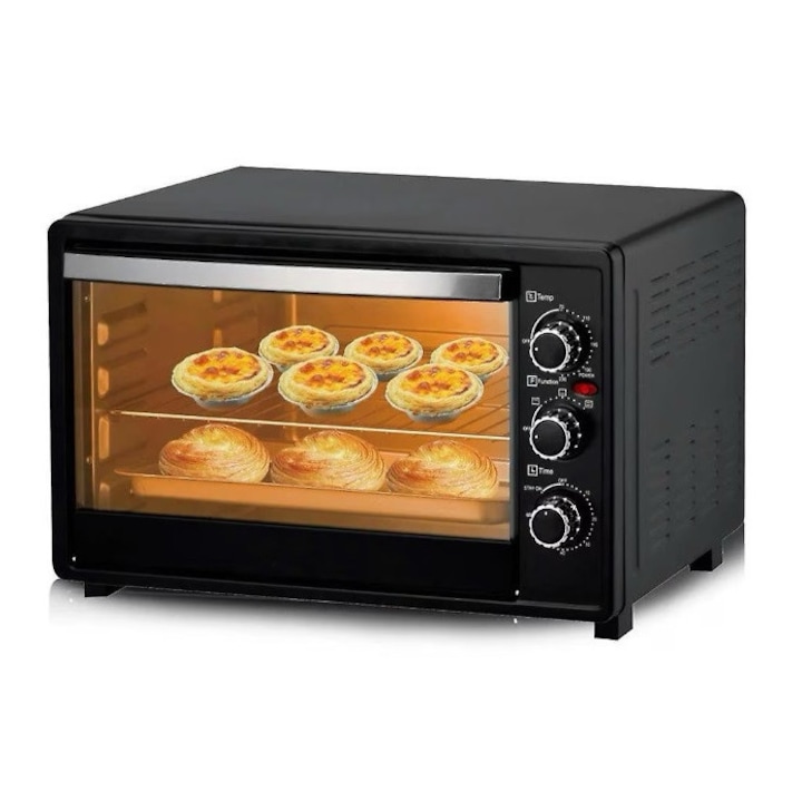 Cuptor electric 48 L, Rovitech, 2600W, 3 functii de gatire, temporizator cu alarma sonora, tava si gratar, capacitate mare, usa transparenta