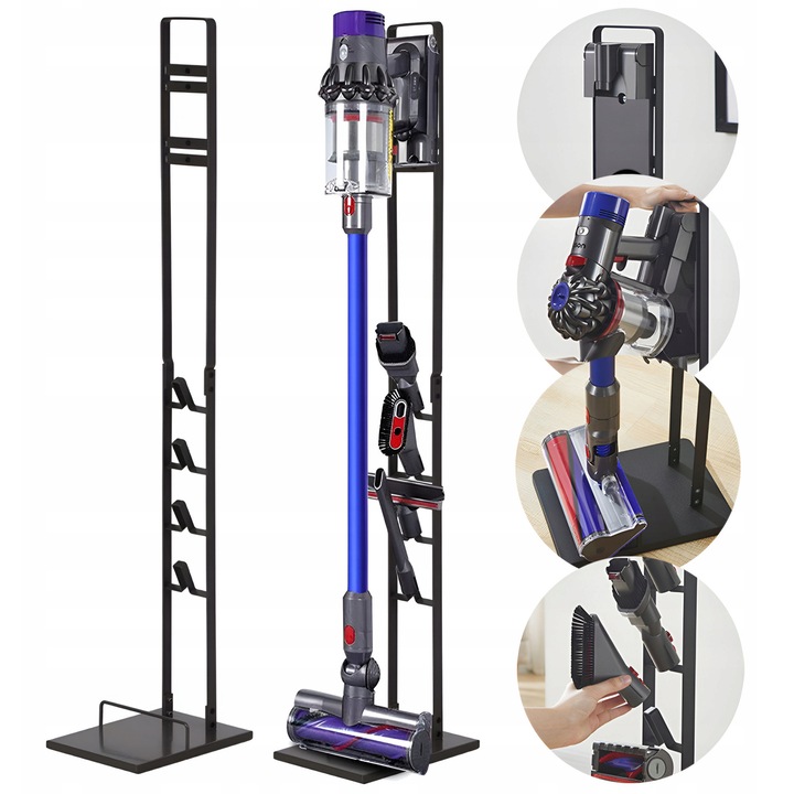 Stojak pentru aspirator Dyson, Luka, metal negru mat, 4 suporturi accesorii, set complet de montaj