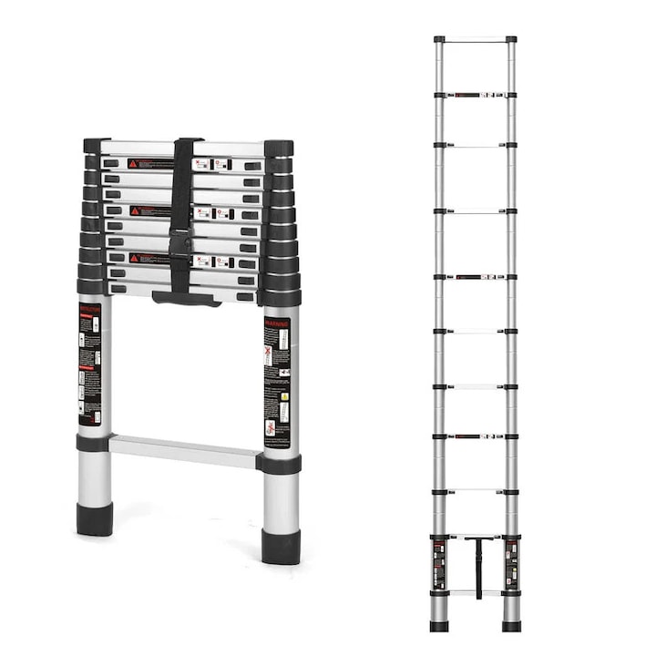 Teleszkópos létra, 3, 2 m kihúzható, összecsukható, rögzítő mechanizmussal és rugóval, ezüst színű
