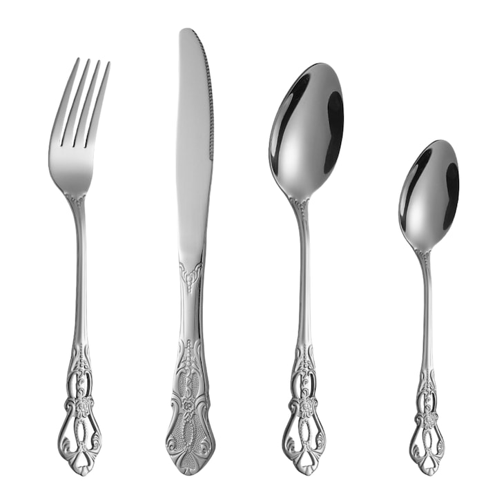 Set tacamuri, Fantasy, 4 piese, Design regal, Otel inoxidabil 410, Model de epoca in relief, finisaj lustruit in oglinda, Design ergonomic, se poate spala in masina de spalat vase, potrivit pentru birou, calatorii si camping, Argint
