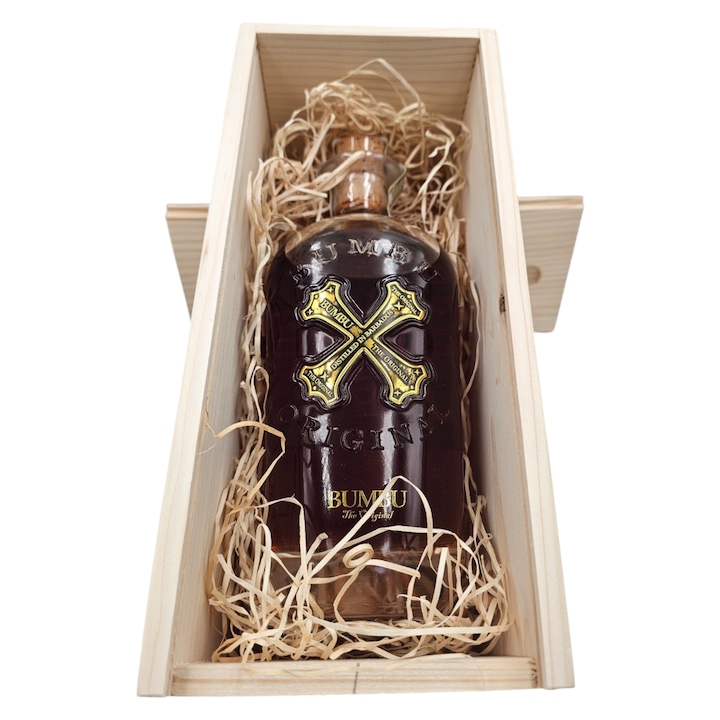 Cutie de Lemn Cadou Rom Bumbu Original 0.7L, Capac Cutie Personalizat
